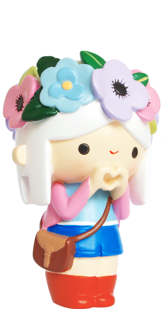 Blossom 2019 Momiji doll with white hair, flower crown, red boots, blue shorts, brown bag; 12cm kawaii collectible. — Momiji Doll