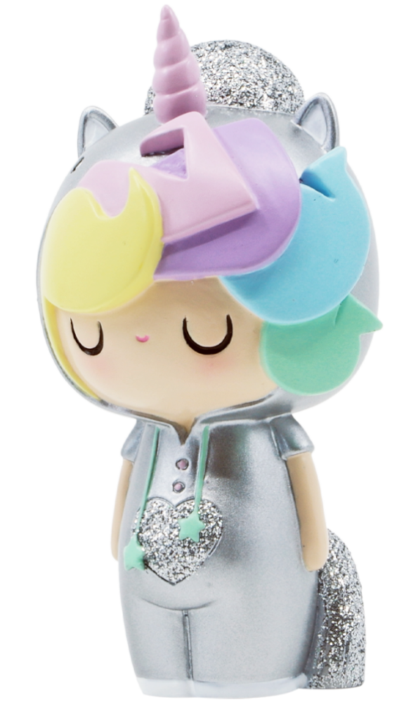 Little Starlight Girl Momiji doll in a silver unicorn outfit with pastel hair, closed eyes, and a glittery heart accent. — Momiji Doll