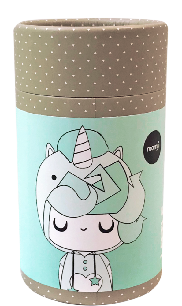 The Little Starlight Girl Momiji doll features a cartoon unicorn girl and mint green dotted design on a kawaii cylindrical gift box. — Momiji Doll