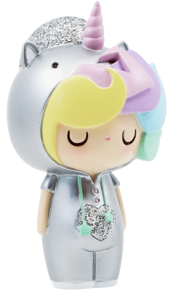 Little Starlight Girl Momiji doll in a silver unicorn suit with glittery horn, heart, and pastel hair. Collectible character toy. — Momiji Doll