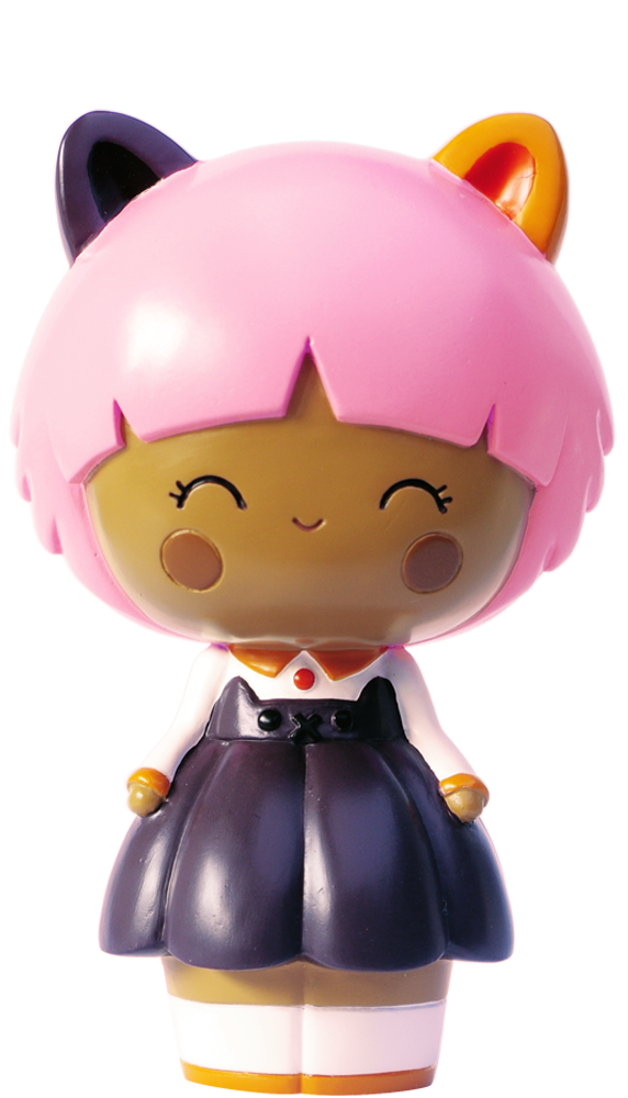 The Calico HN Momiji doll has cat ears, pink hair, a dark dress, and a big smile. She stands upright and looks cheerful. — Momiji Doll
