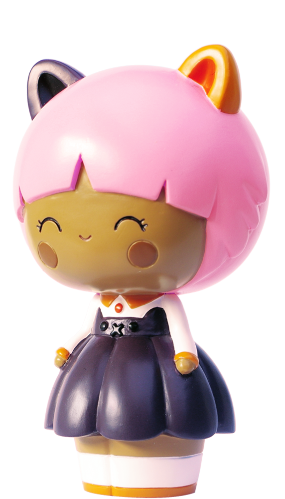 Momiji doll with pink hair, cat ears, white shirt, dark skirt, and a smiling face with eyes closed. — Momiji Doll