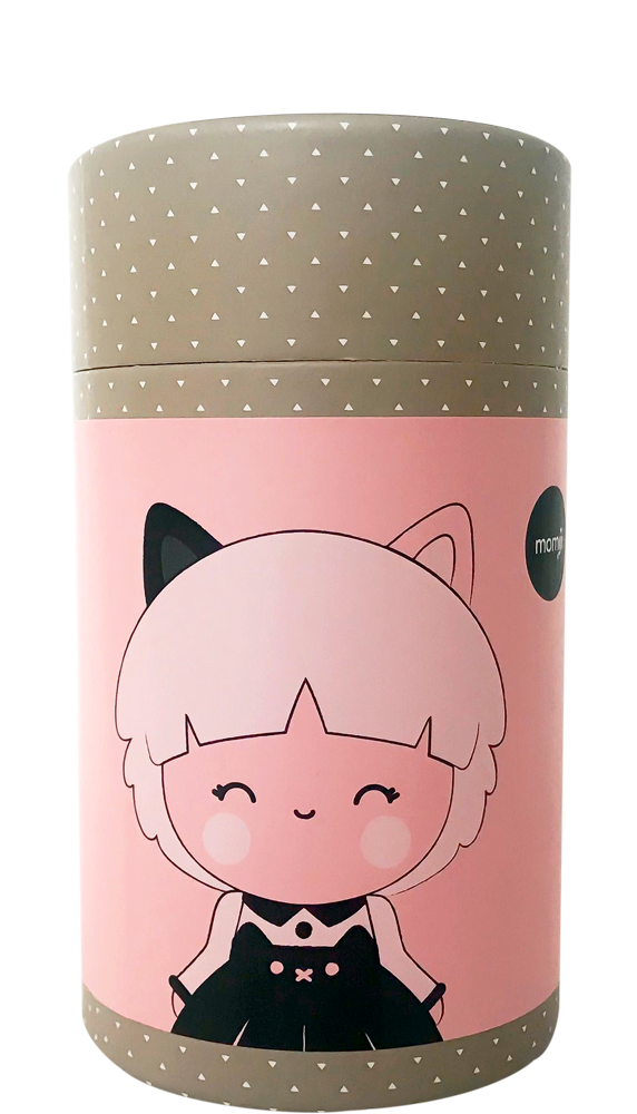 Calico HN Momiji doll gift box: pink label with kawaii cat-girl, brown dotted lid and base. Secret message inside. — Momiji Doll