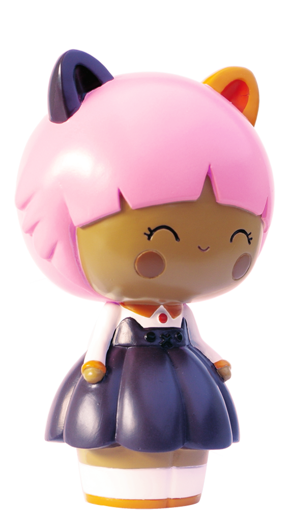 Calico HN Momiji doll with cat ears, pink hair, a dark dress, a smile; collectible vinyl doll hiding a secret message inside. — Momiji Doll