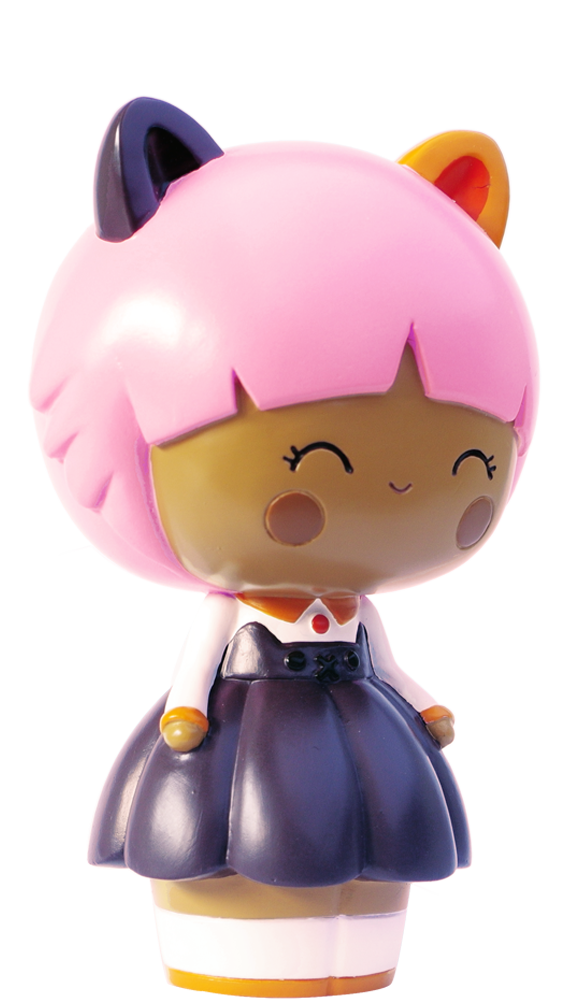 Calico Momiji doll with pink hair, cat ears, white shirt, dark purple skirt, and a happy smile. Secret message inside. — Momiji Doll