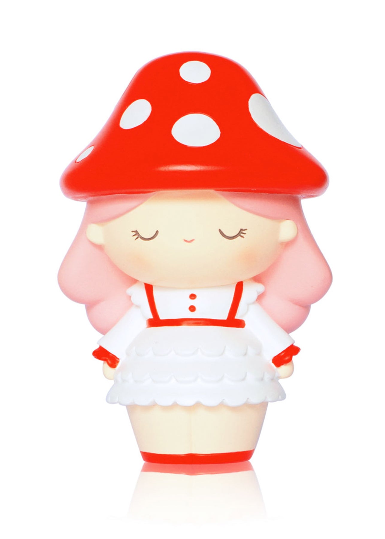 Daydream Momiji doll with pink hair, red mushroom cap, white dress with red accents, eyes closed. Cute collectible character. — Momiji Doll