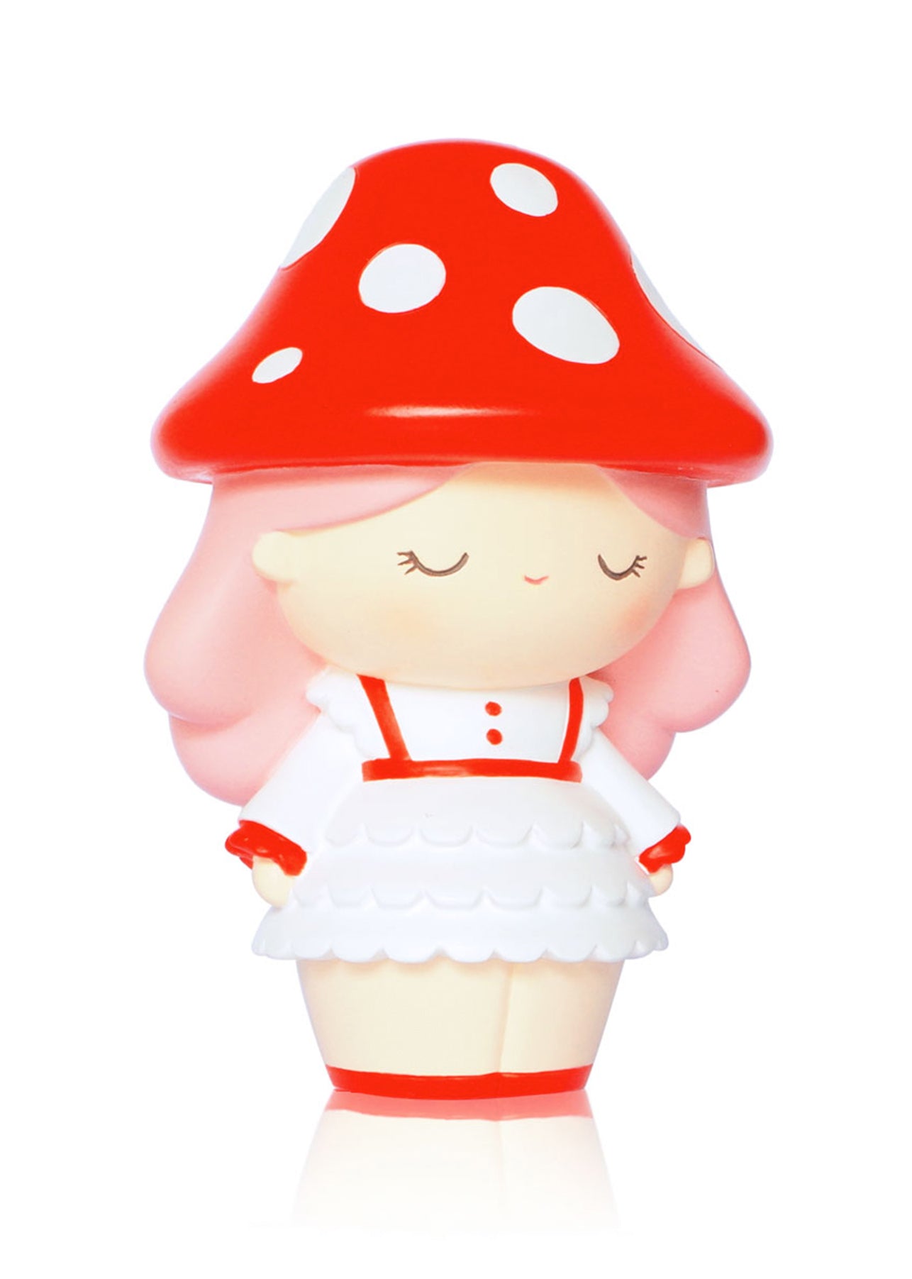 Daydream Momiji doll with a red mushroom hat, pink hair, white dress; kawaii collectible hiding a secret message inside. — Momiji Doll
