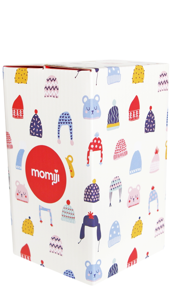 A box for a Momiji doll, decorated with bright winter hats and a red circle reading "Winter Wonderland" (character name). — Momiji Doll