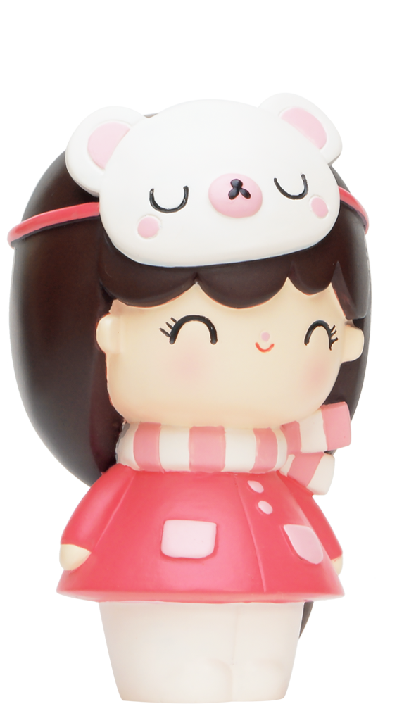 Winter Wonderland Momiji doll with brown hair, pink coat, striped scarf, white bear hat; smiling with closed eyes. — Momiji Doll
