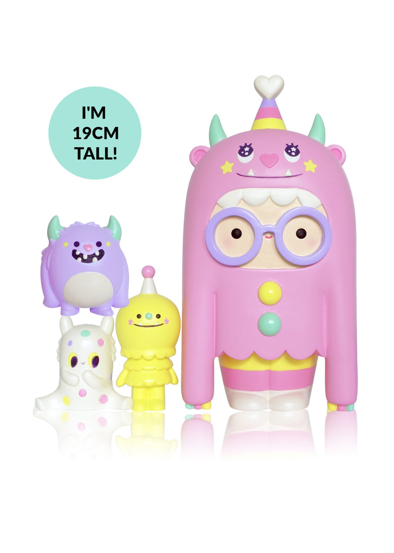 Four Play Big Ideas 2019 Limited Edition Momiji dolls; tallest pink monster says, "I'M 19CM TALL!" Collectible kawaii design. — Momiji Doll