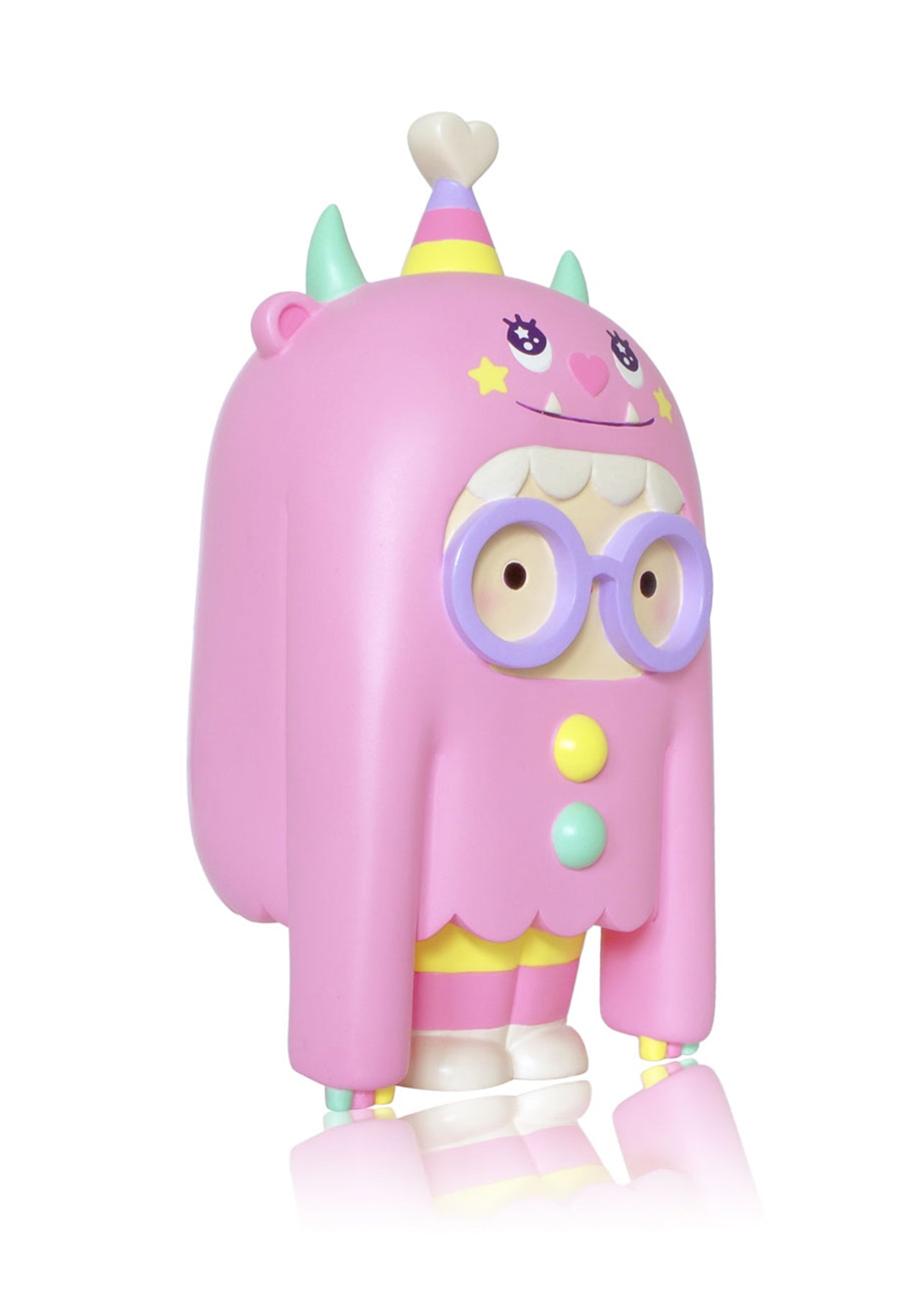 Play Big Ideas 2019 Momiji doll: pink monster, glasses, party hat, buttons, two legs. Limited edition kawaii collectible. — Momiji Doll