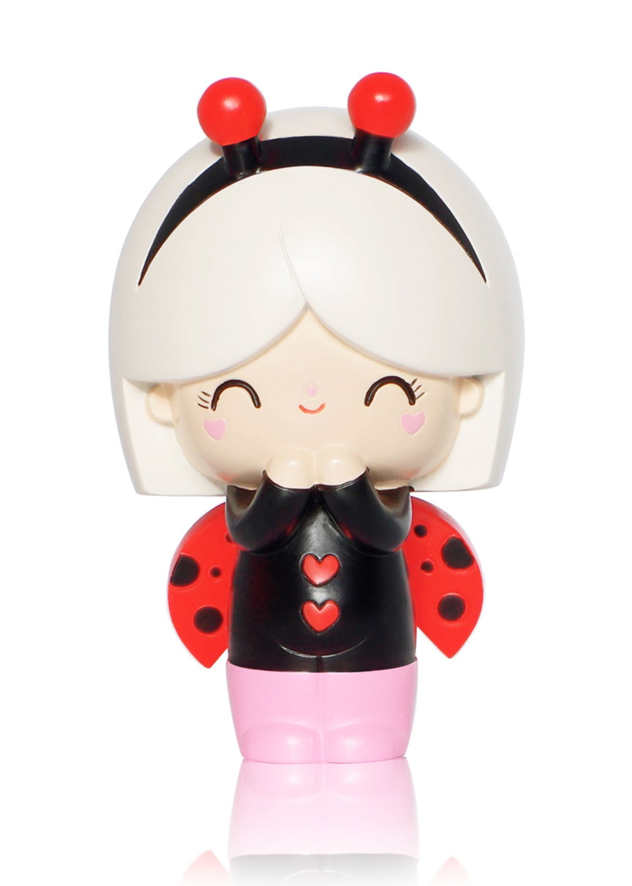 Momiji doll named Lucky with pink pants, red ladybug wings and headband, smiling face, and hearts on her outfit. — Momiji Doll