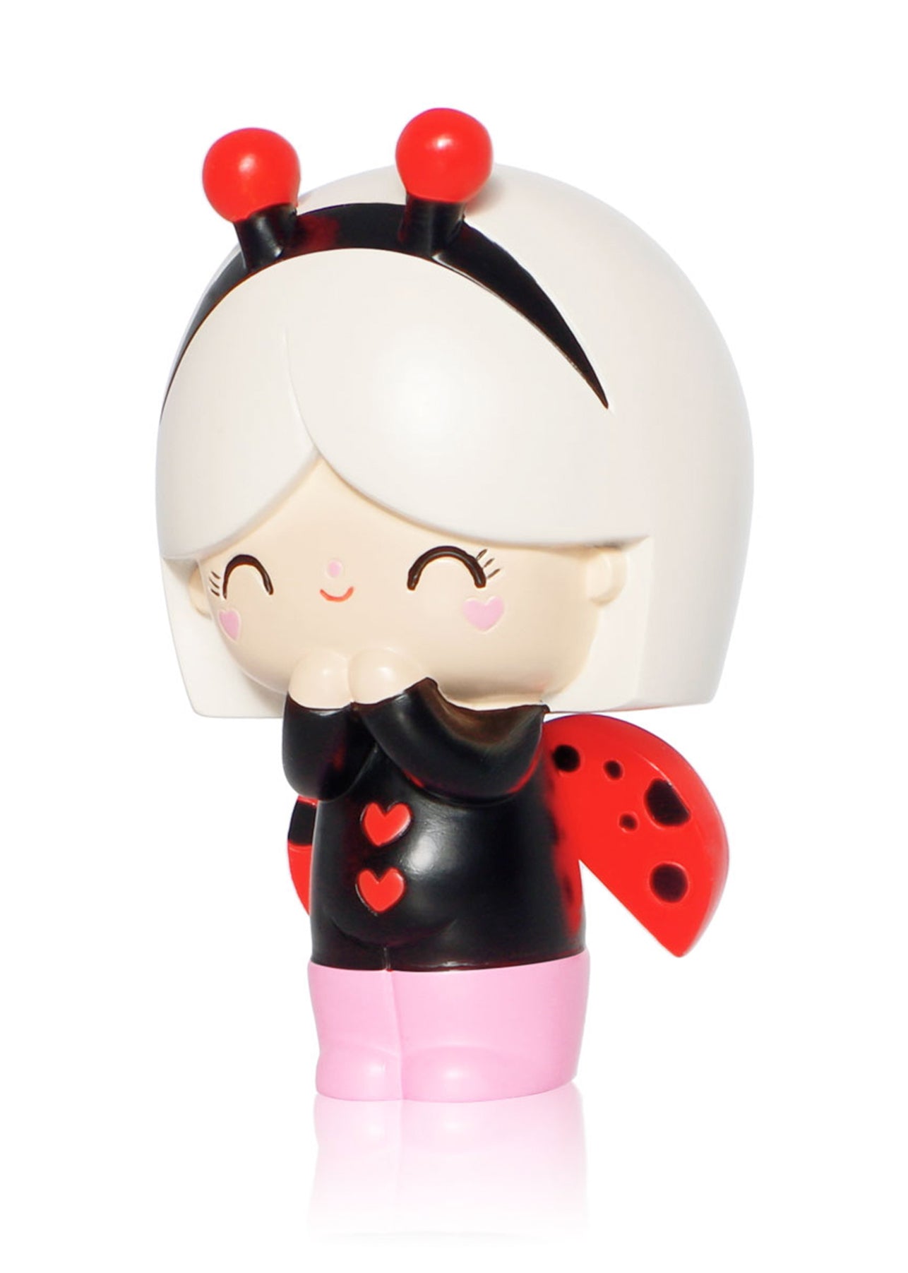 Lucky Momiji doll: Smiling girl with ladybug wings, white hair, black top with red hearts, and pink pants. Secret message inside. — Momiji Doll
