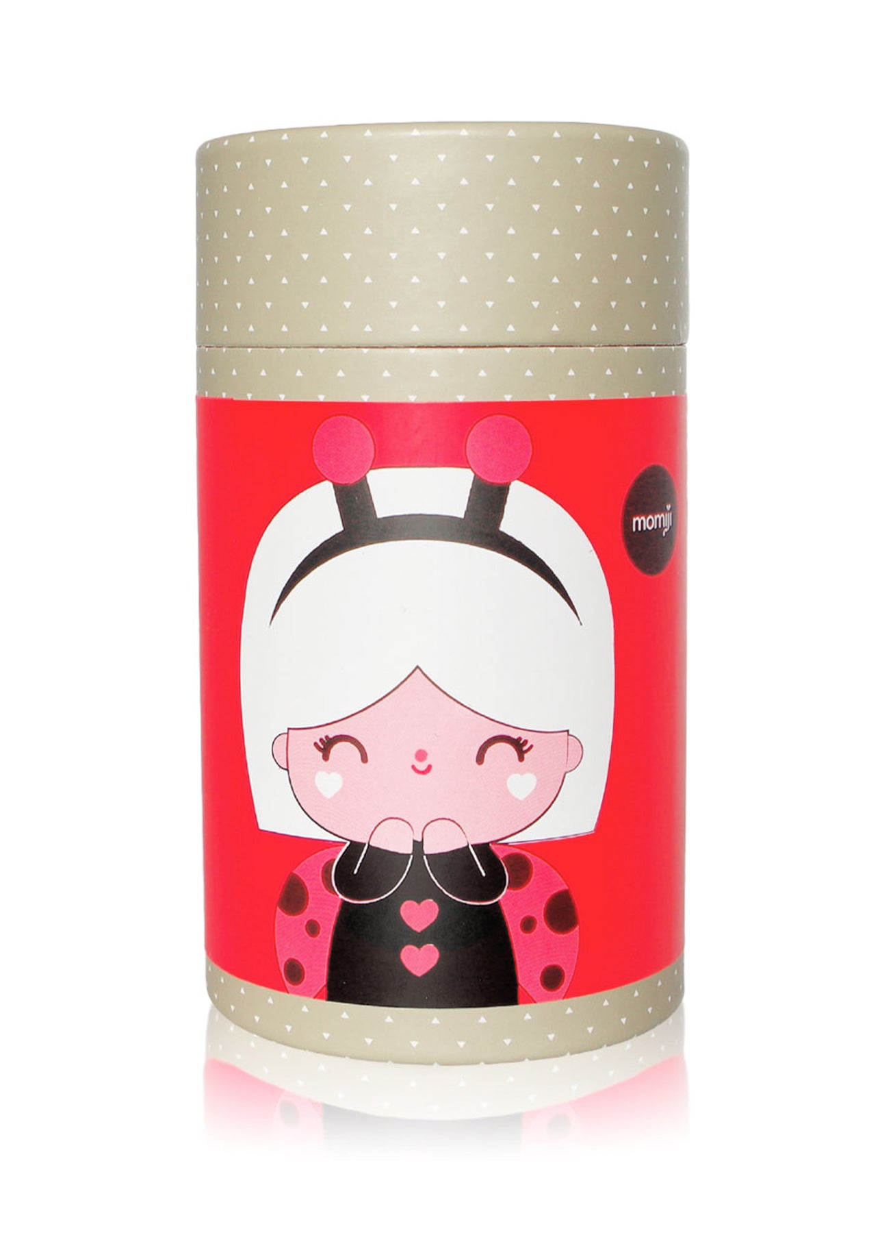 Lucky Momiji doll box shows a ladybug-themed girl on red, surrounded by white hearts, with matching lid and base. — Momiji Doll