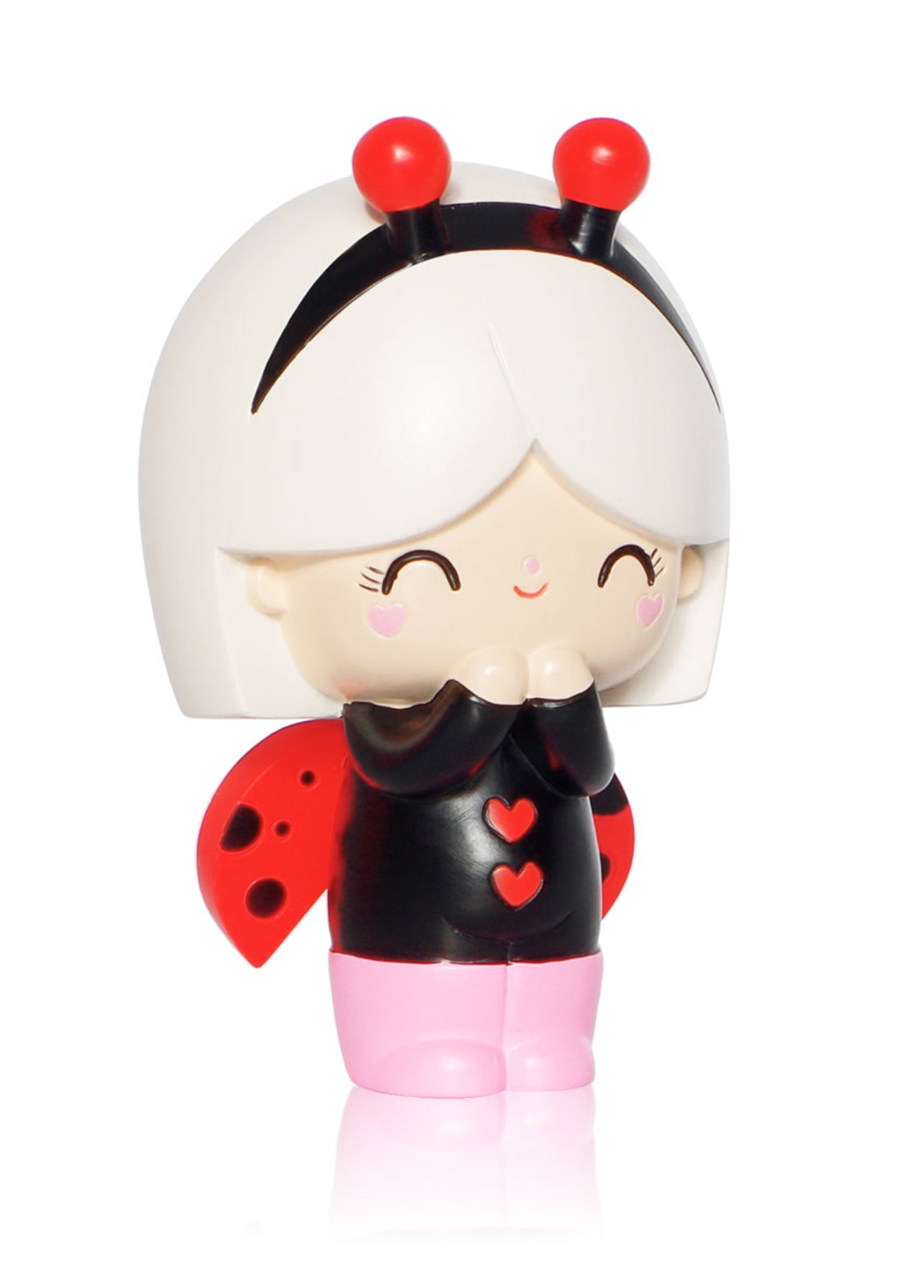 Lucky Momiji doll with white hair, ladybug antennae, red wings with hearts, pink boots, and a bright smile. — Momiji Doll