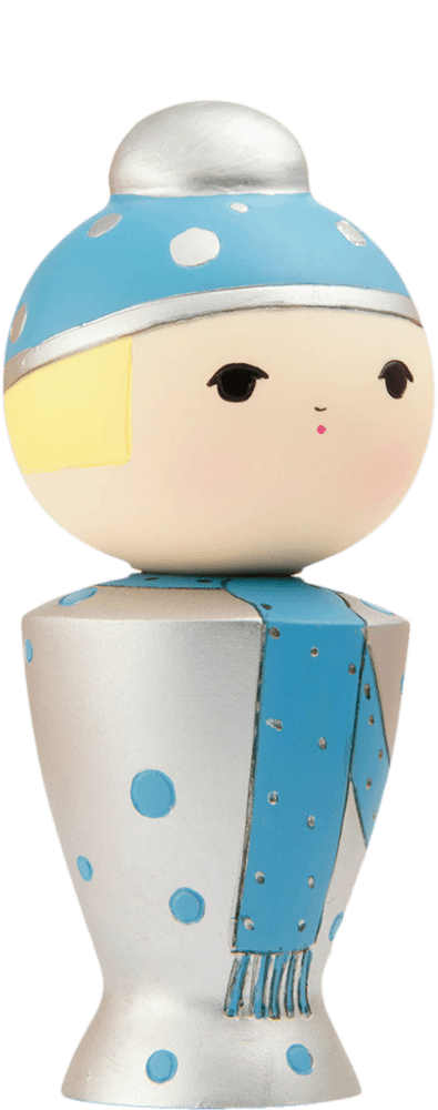 Snowflake Momiji doll with blue hat, blonde hair, blue scarf, spotty outfit, and a sweet kawaii face. — Momiji Doll