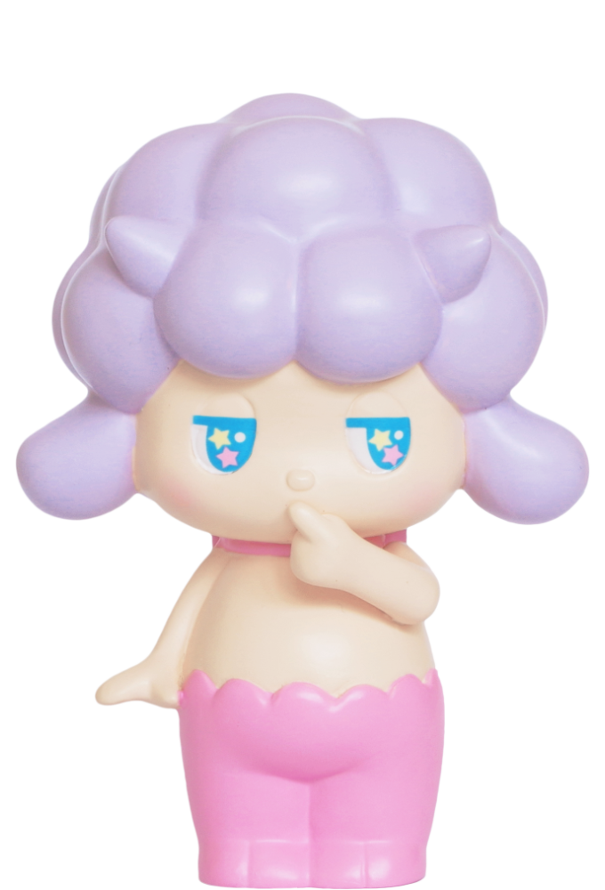 Satyr Rory Momiji doll with purple hair, blue starry eyes, pink pants, and a finger to mouth. Kawaii collectible character. — Momiji Doll