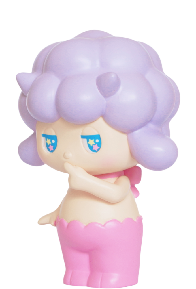Satyr Rory Momiji doll with purple hair, blue starry eyes, pink pants, and a finger held near its mouth. — Momiji Doll