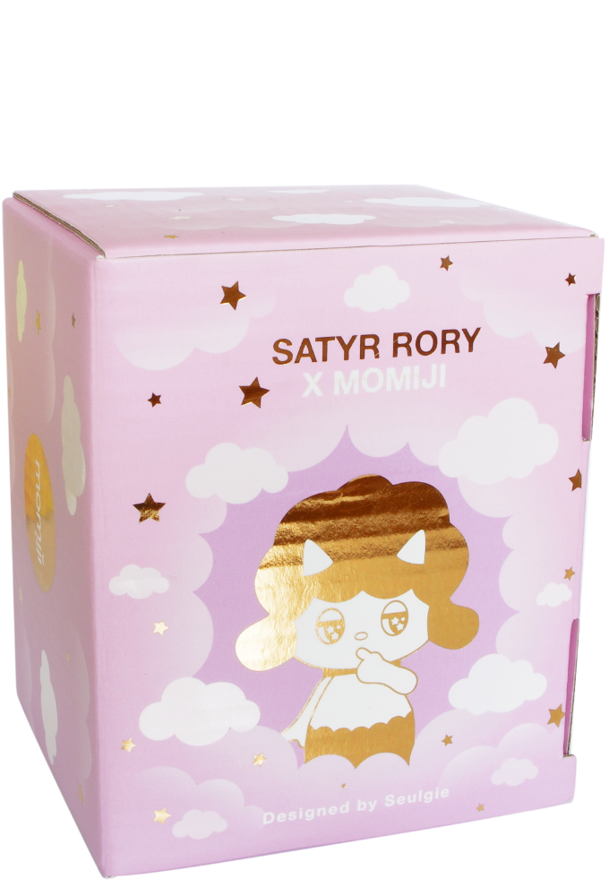 Momiji doll box in pink with clouds, stars, a gold cat, labeled Satyr Rory by Seulgie—kawaii collectible character. — Momiji Doll