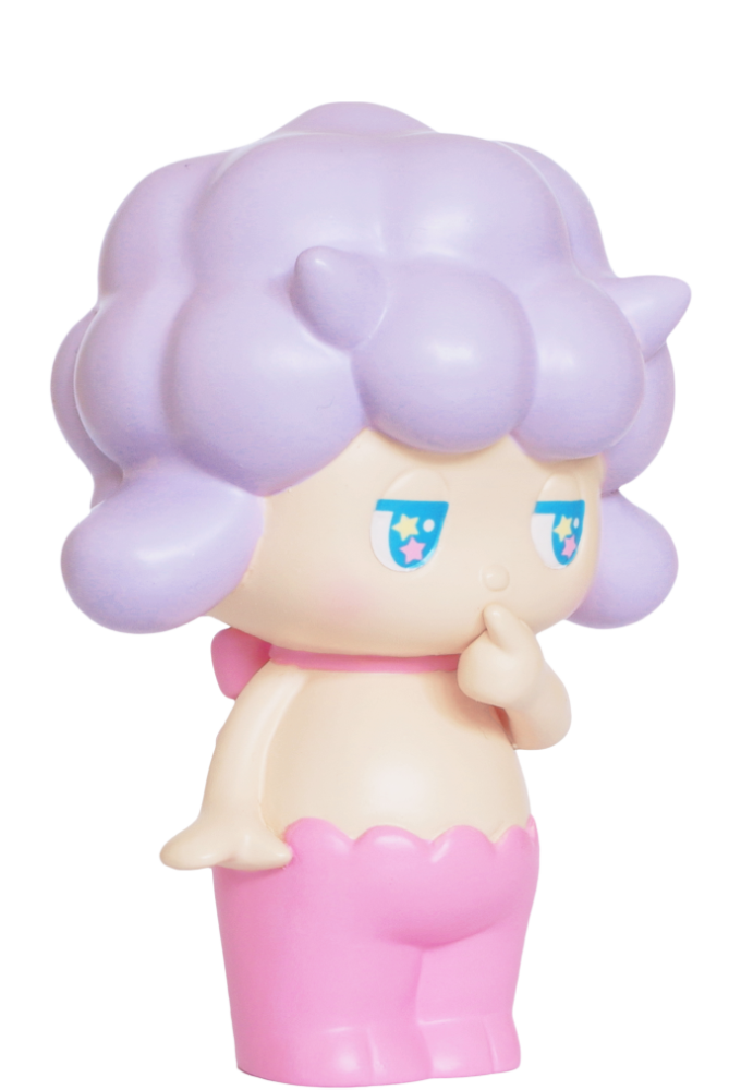 Satyr Rory Momiji doll with lilac hair, blue starry eyes, pink pants, and a finger raised to her mouth in curiosity. — Momiji Doll