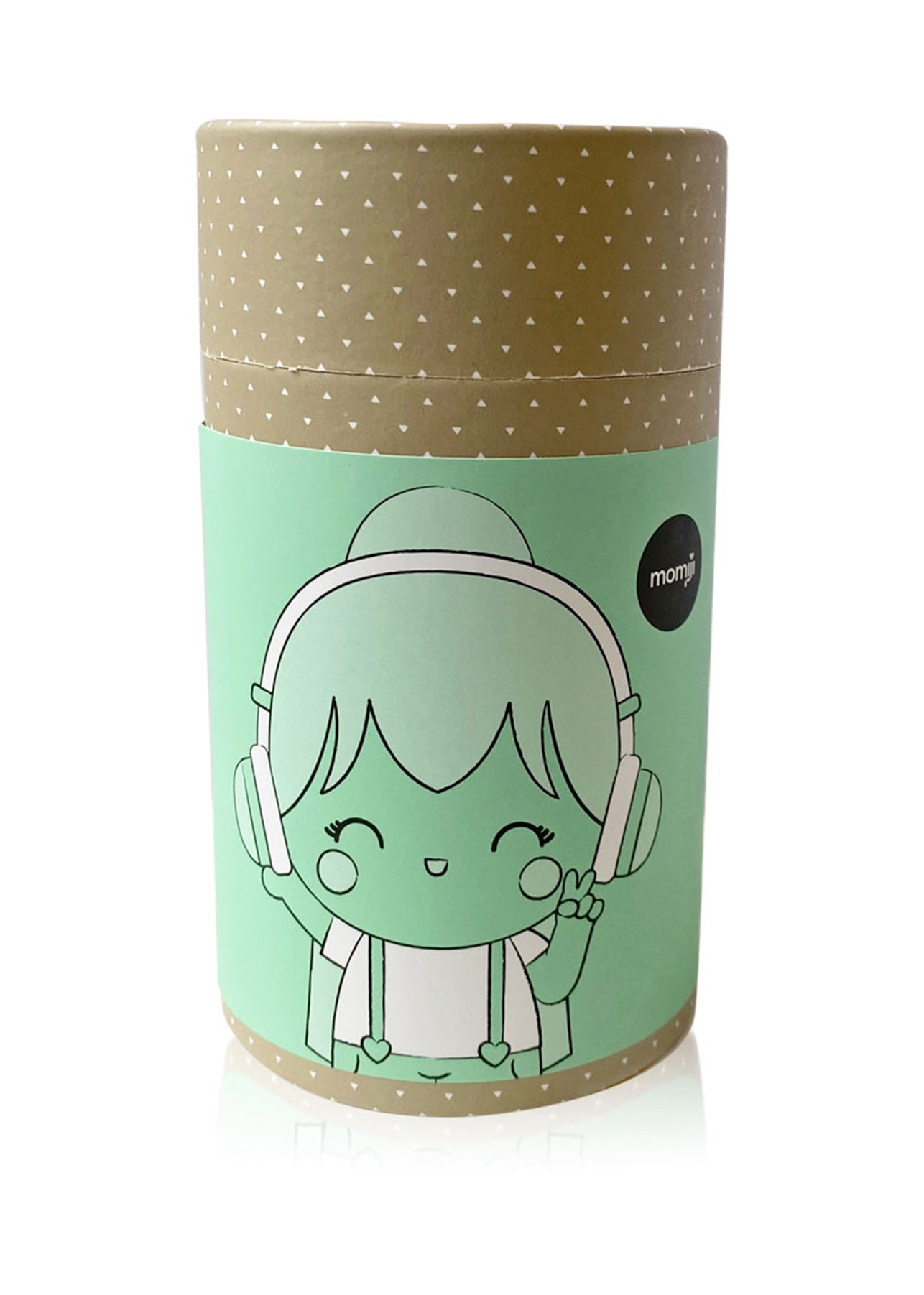 Melody Momiji doll box with kawaii girl character wearing headphones and backpack on green and brown dotted background. — Momiji Doll