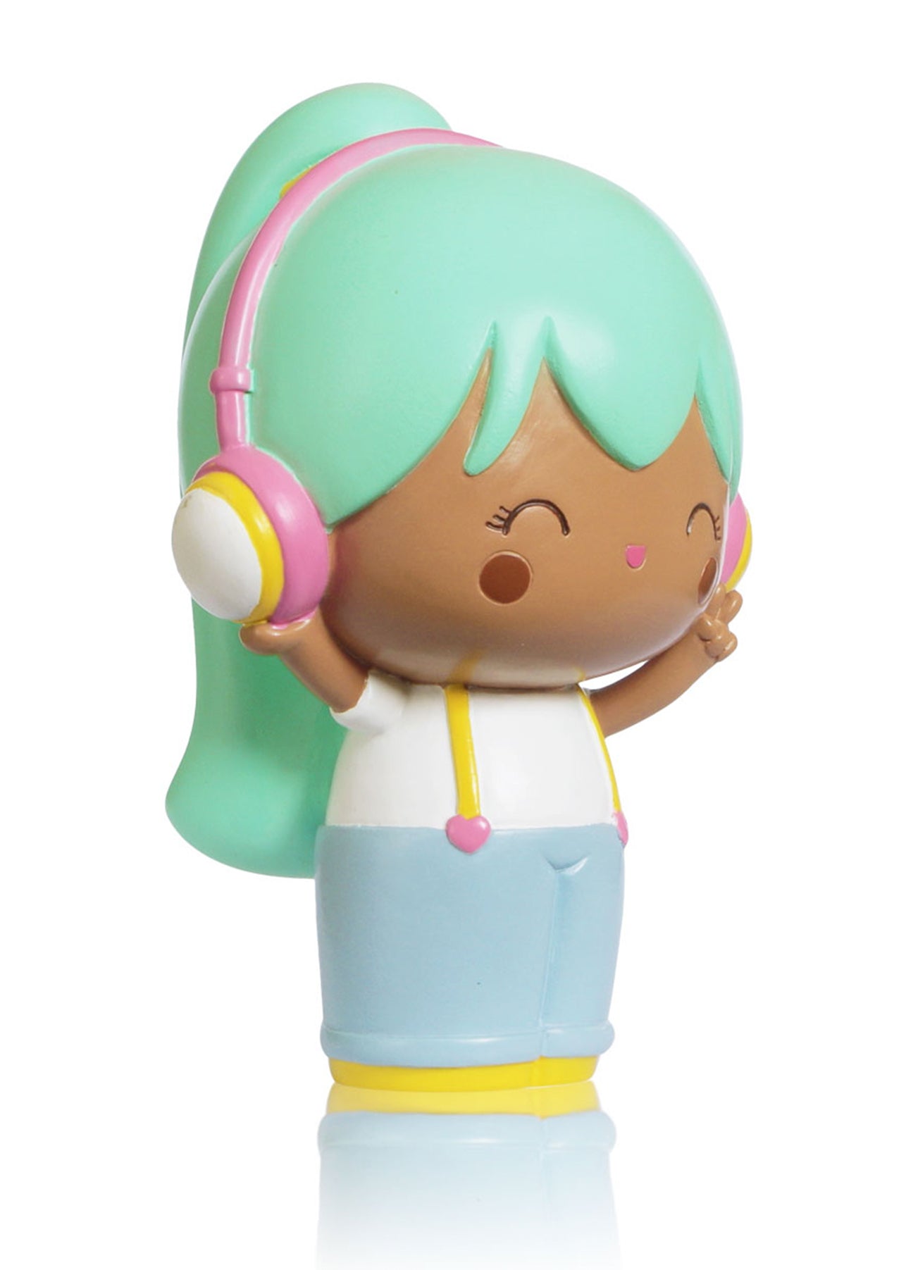 Melody Momiji doll with teal hair, pink headphones, white shirt, blue pants, yellow shoes, smiling and waving. — Momiji Doll