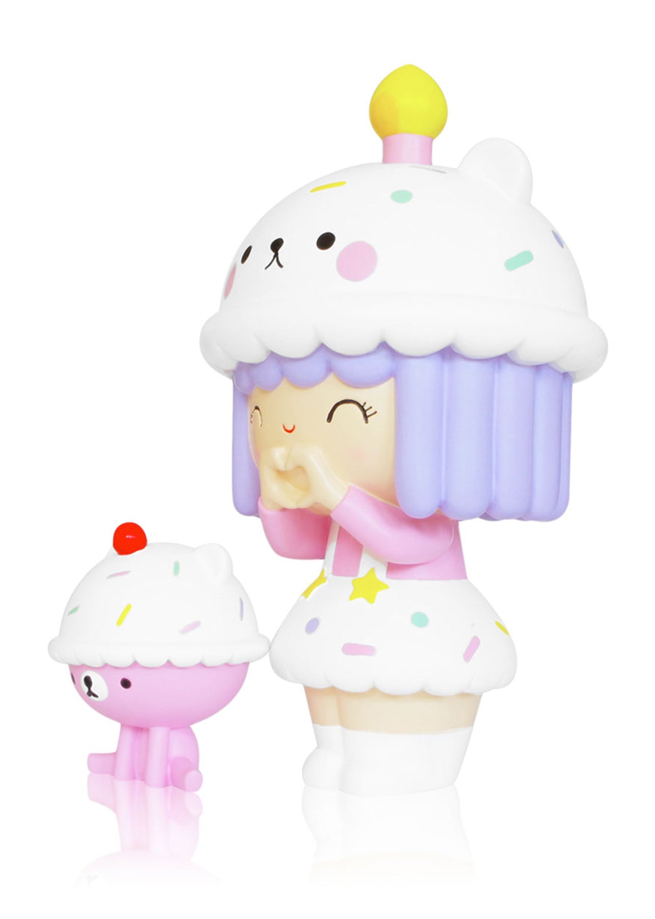 Big Birthday Momiji doll: cupcake outfit, candle hat, pastel colors; includes a mini Momiji with cherry-topped cupcake hat. — Momiji Doll