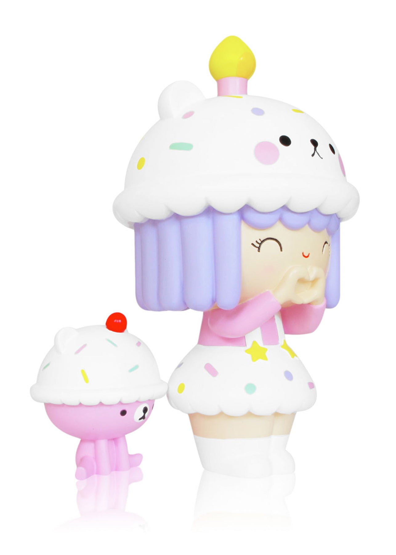The Big Birthday Momiji doll, 20cm/8in, has purple hair, a cupcake hat, and holds a pink bear. Kawaii collectible with secret message. — Momiji Doll
