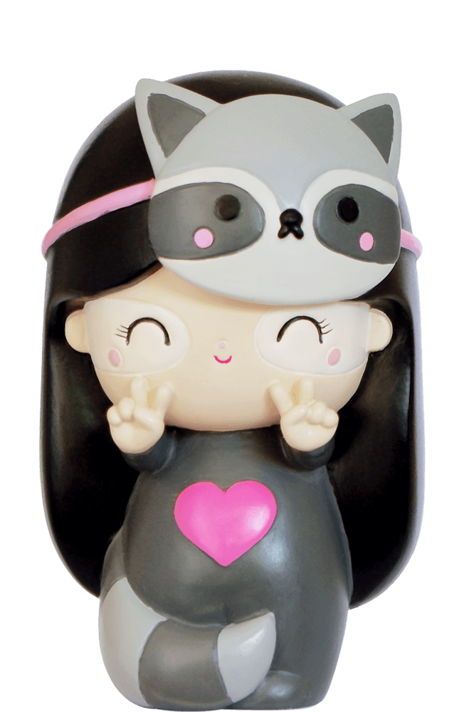 Rebel HN Momiji doll: a girl in a raccoon costume, smiling and giving a peace sign. Kawaii collectible with hidden message. — Momiji Doll