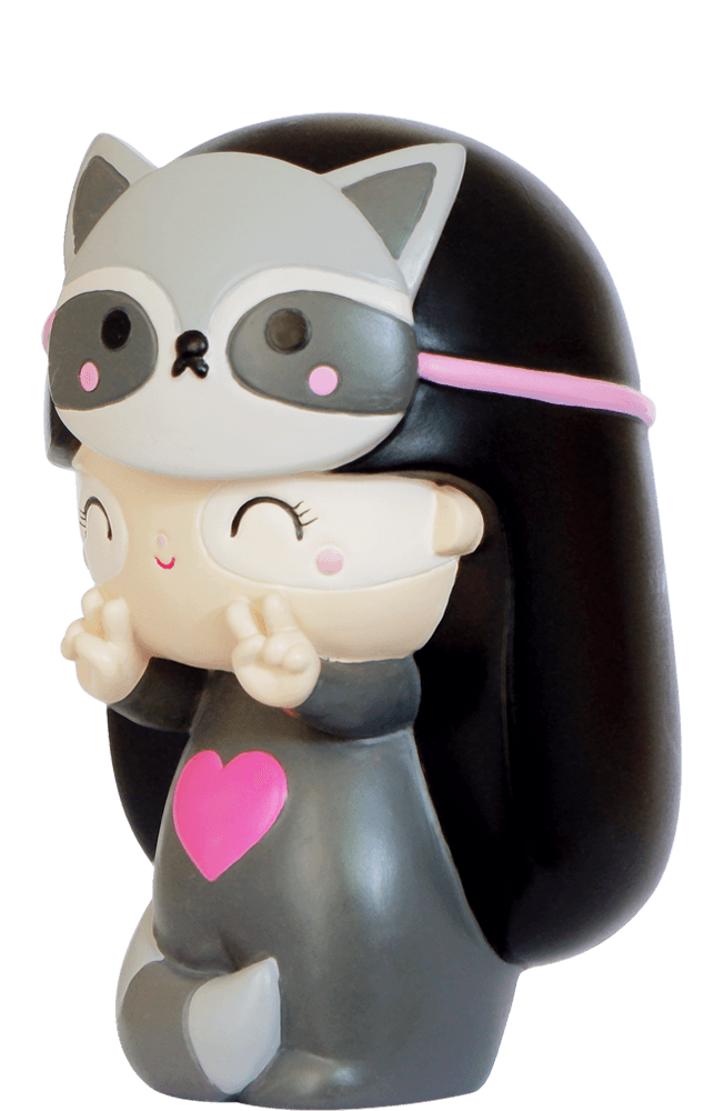 Rebel HN Momiji doll with long black hair, raccoon mask, grey outfit, and a pink heart detail. — Momiji Doll