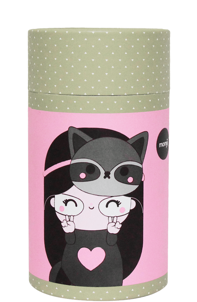 A cylindrical Rebel HN box with a pink label featuring a kawaii Momiji doll in a black cat costume, giving a peace sign. — Momiji Doll