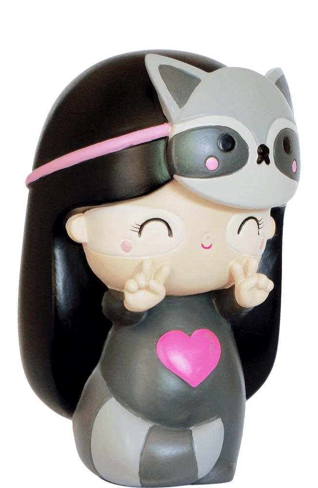 Rebel HN Momiji doll with long black hair, raccoon sleep mask, chest heart, and cheerful double peace sign gesture. — Momiji Doll
