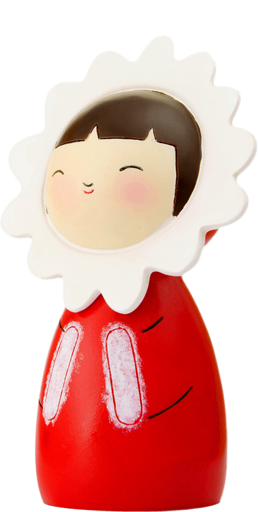 Cosy Momiji doll with brown hair, a white hood, and a red coat with illustrated pockets; super-cute collectible character. — Momiji Doll