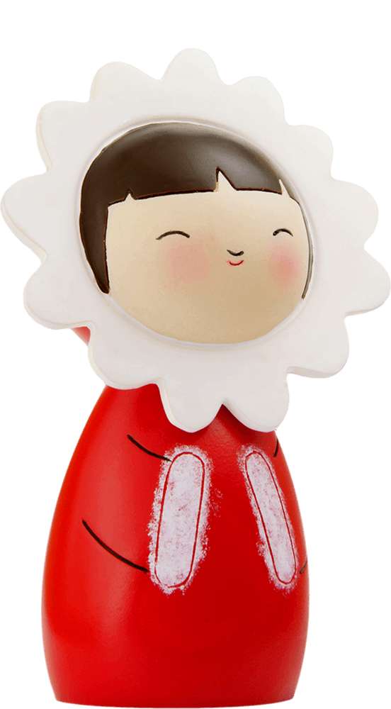 Cosy is a kawaii Momiji doll with black hair, a white face frame, and a red outfit featuring cute mitten designs. — Momiji Doll