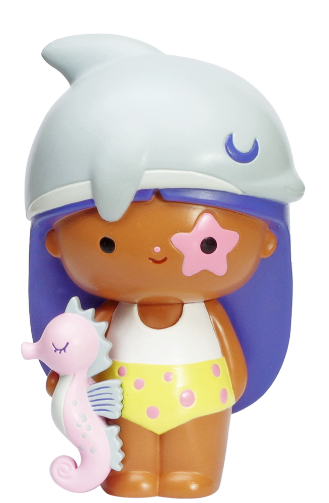 Beach Baby Momiji doll with purple hair, dolphin hat, yellow polka-dot swimsuit, and pink seahorse. Collectible character doll. — Momiji Doll