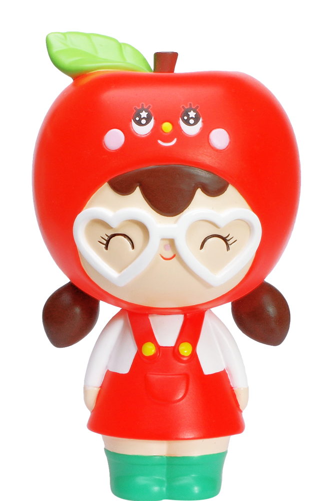 Thank You HN Momiji doll with apple hat, heart-shaped glasses, red dress, brown pigtails, green boots, and a cheerful smile. — Momiji Doll