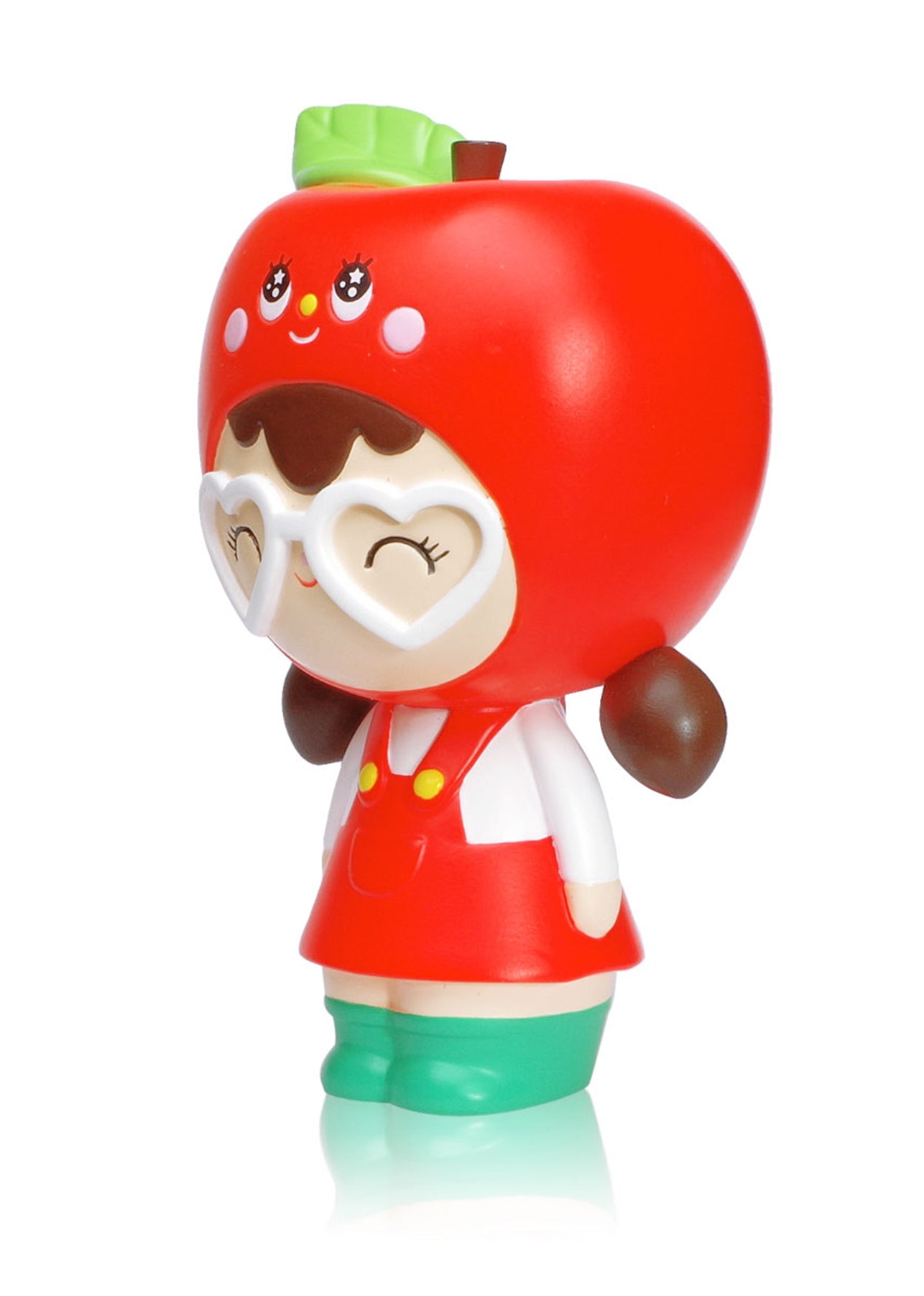 Thank You Momiji doll with apple hat, heart-shaped glasses, red dress, and pigtails on a white background. — Momiji Doll