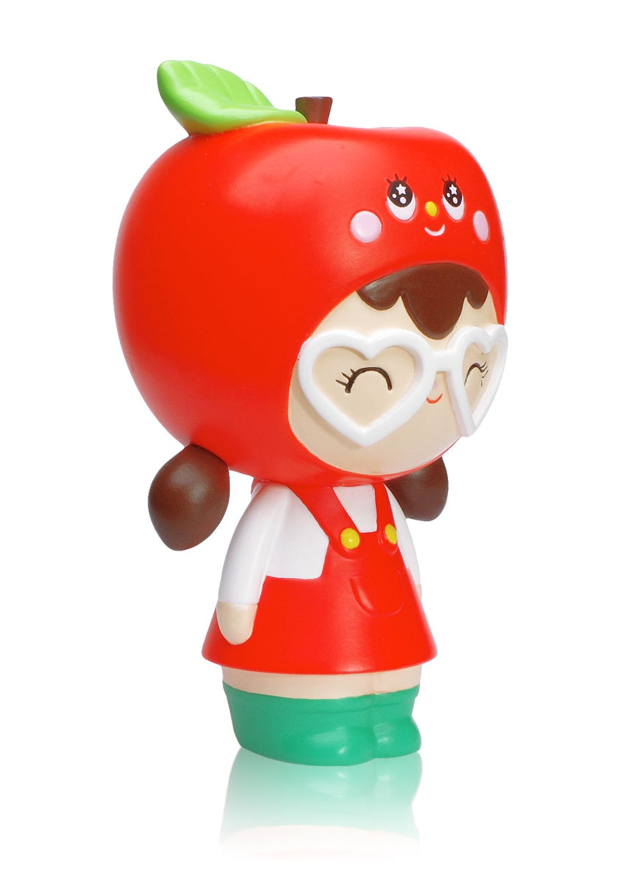 Thank You Momiji doll with heart-shaped glasses, red apple outfit, green boots, and a bright smile. — Momiji Doll