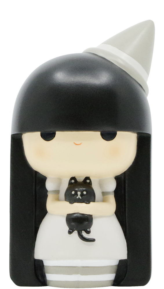 Aura Momiji doll: black hair, white dress and hat, holding a tiny black cat. Limited edition kawaii collectible character. — Momiji Doll