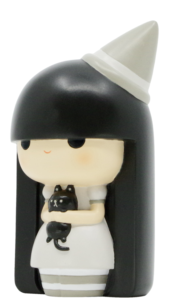 Aura Luli Bunny Momiji doll with long black hair, pointed hat, white dress, and a small black cat companion in front. — Momiji Doll