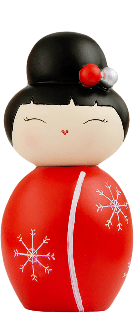 Missy Flake Momiji doll with black hair, red and white snowflake patterns, and a matching snowflake hair ornament. — Momiji Doll