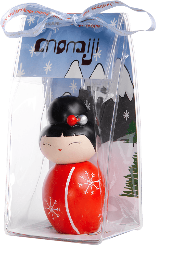 Missy Flake Momiji doll: red with snowflake pattern, winter-themed clear box, ribbon detail. Collectible, message inside. — Momiji Doll