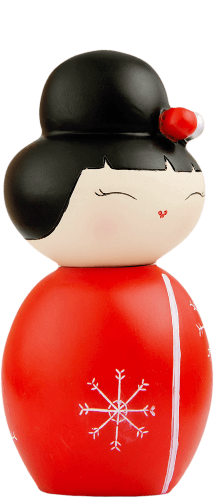 Missy Flake Momiji doll with black hair, white snowflake patterns, closed eyes, and signature kawaii charm. — Momiji Doll