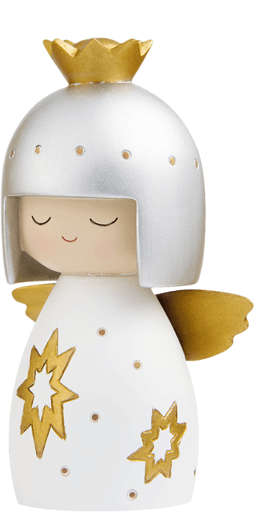 Momiji doll with silver hair, gold crown, wings, star details, and a sweet smile; includes secret message inside. — Momiji Doll