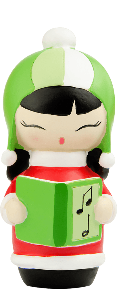 Momiji doll with green hat and red coat, holding a songbook. She appears to be singing, inspired by Tokyo street style. — Momiji Doll