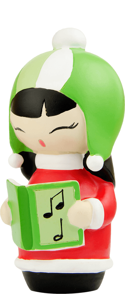 Bubble Momiji doll in a green hat and red outfit holds a music book, eyes closed as if singing; cute and collectible. — Momiji Doll