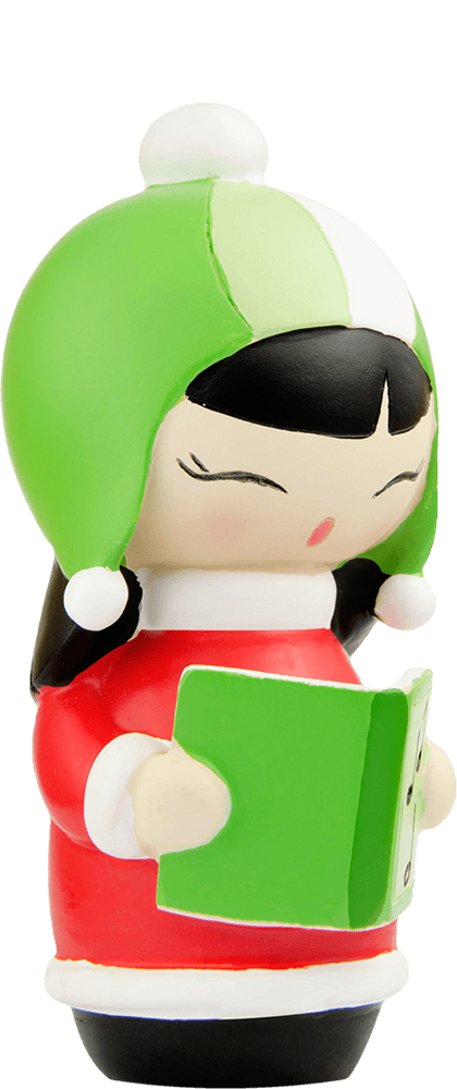 Bubble Momiji doll wears a green hat and red coat, holds a book, and sings carols. Cute collectible with hidden secret message. — Momiji Doll