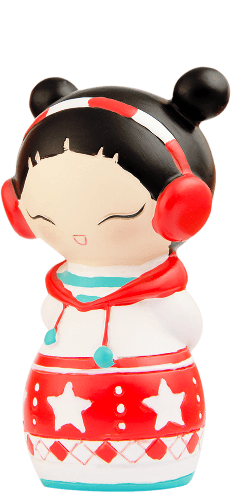 Belle Momiji doll with black hair, red earmuffs, and a star-print red-and-white dress. Perfect for gifting or collecting. — Momiji Doll
