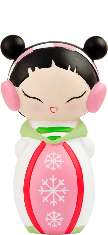 Blushes Momiji doll with black hair buns, pink earmuffs, white coat; cute collectible hiding a secret message inside. — Momiji Doll
