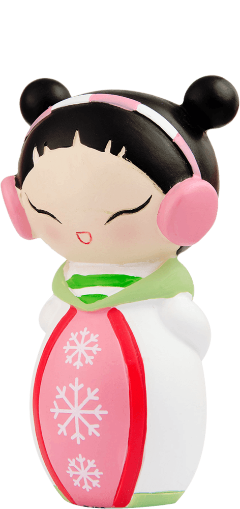 Blushes Momiji doll with black hair buns, pink earmuffs, and a white outfit with red trim and snowflake details. — Momiji Doll